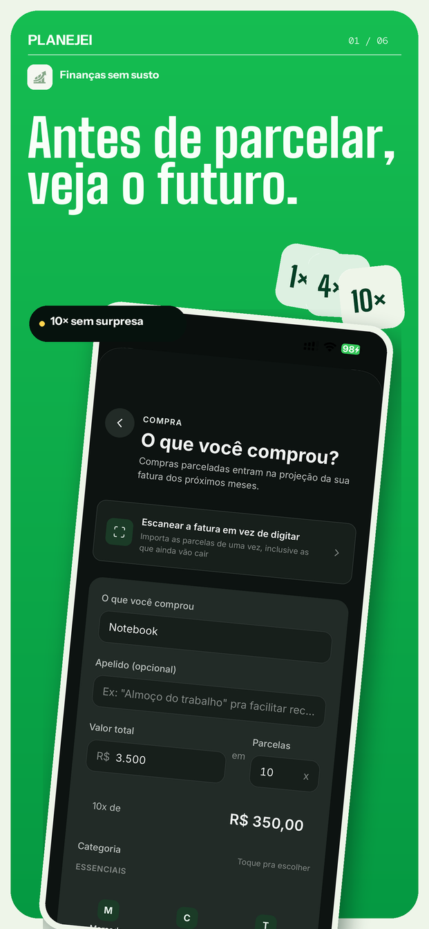 Arte do Planejei com a tela de uma compra parcelada em dez vezes